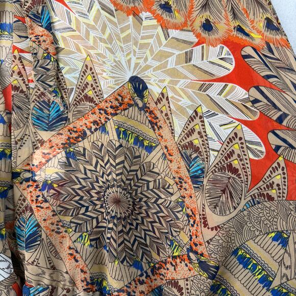 HOPE Boho Sheer Printed Cape Poncho Top Tan Tie Neck Ruffle Hem Festival Hippie - Picture 7 of 11